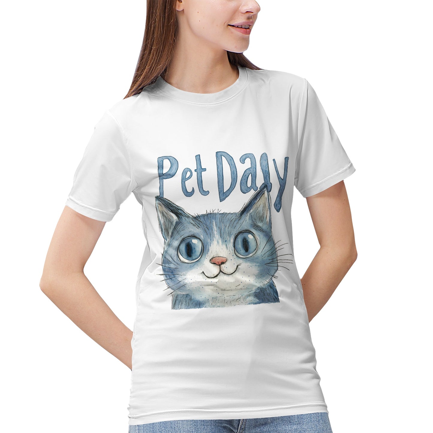 Blue Cat with 'Pet Daily' Text- Vivispark T-Shirt