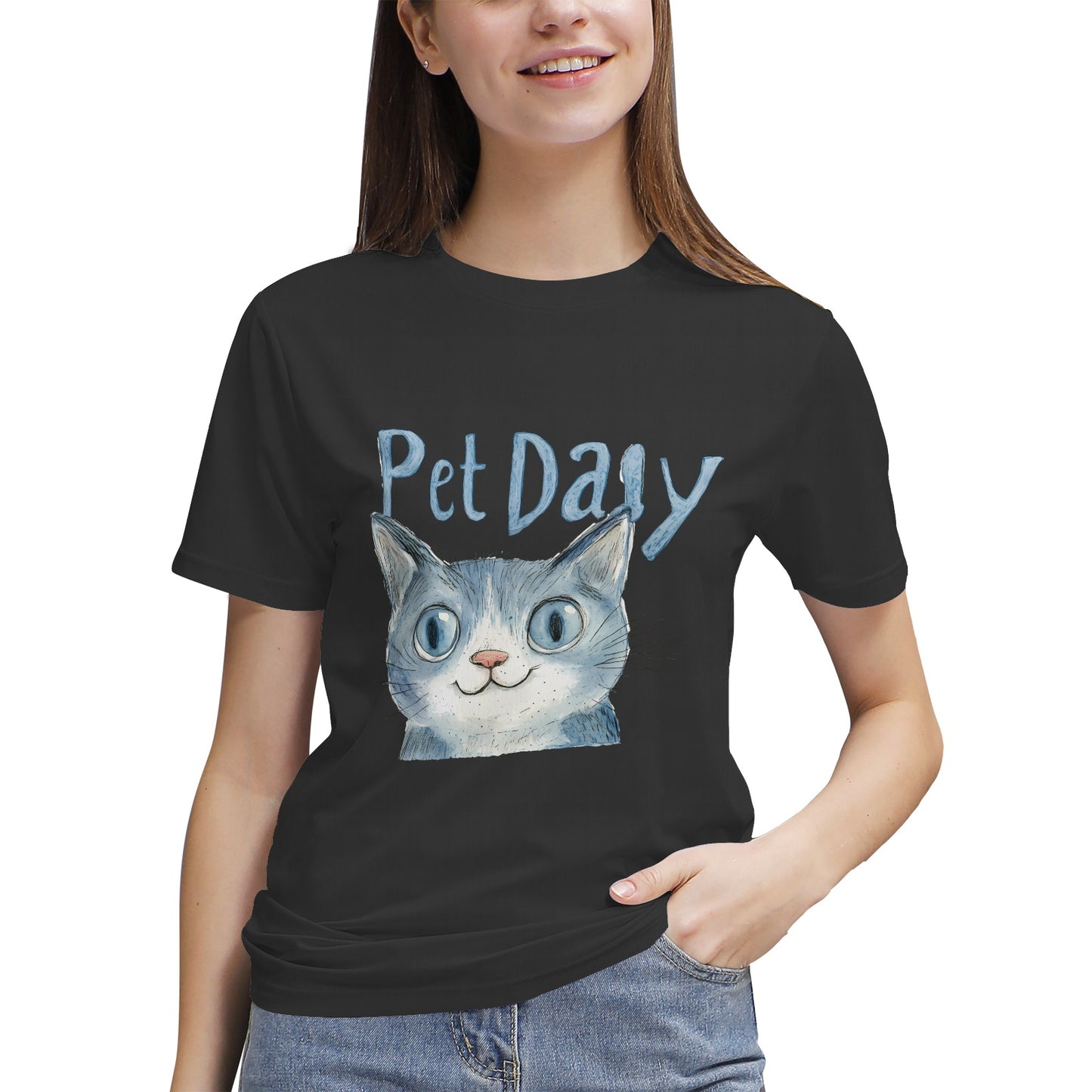 Blue Cat with 'Pet Daily' Text- Vivispark T-Shirt
