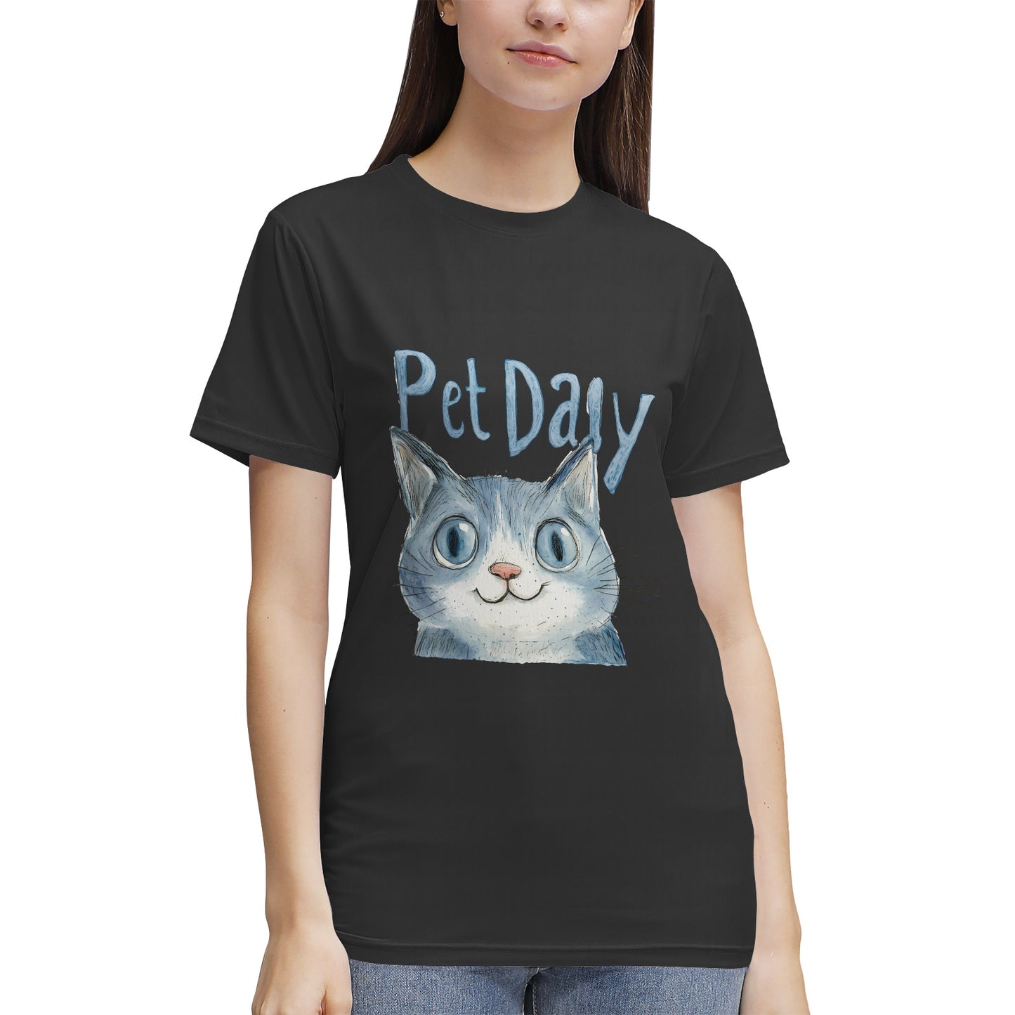 Blue Cat with 'Pet Daily' Text- Vivispark T-Shirt