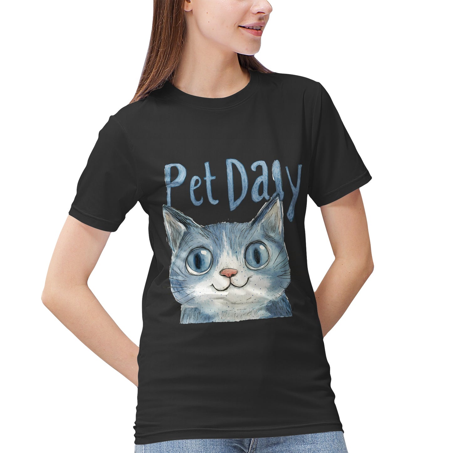 Blue Cat with 'Pet Daily' Text- Vivispark T-Shirt
