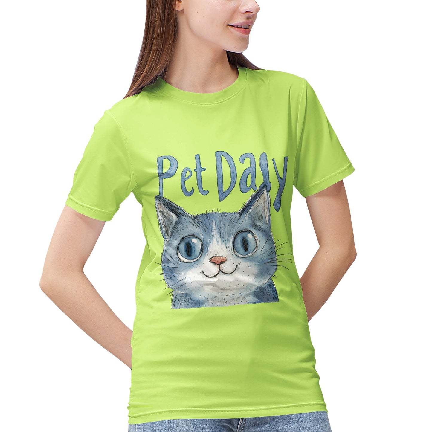 Blue Cat with 'Pet Daily' Text- Vivispark T-Shirt