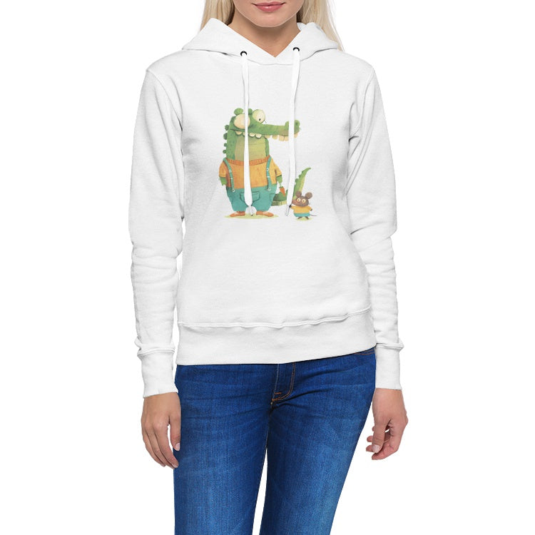 Quirky Crocodile and Mouse Cartoon Duo- Women's Pullover Hoodie