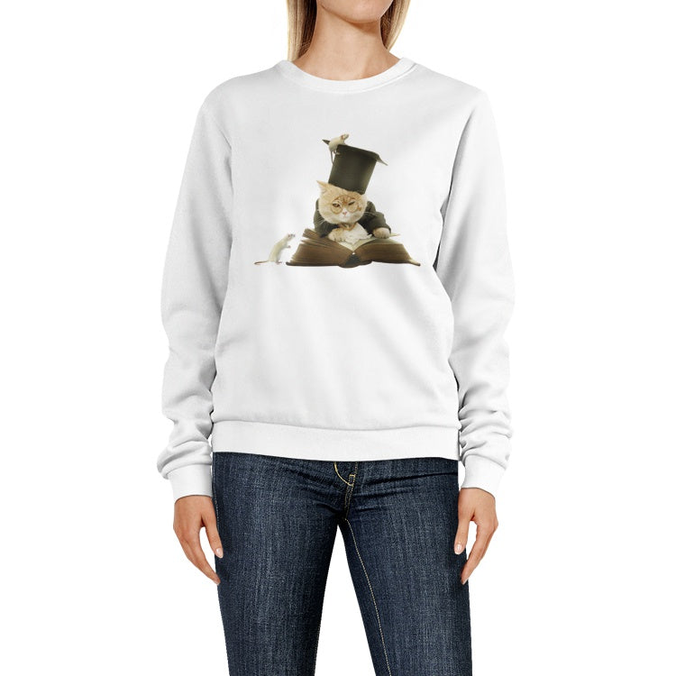 Professor Cat with Glasses and Book-Women's Crew Neck Sweatshirt
